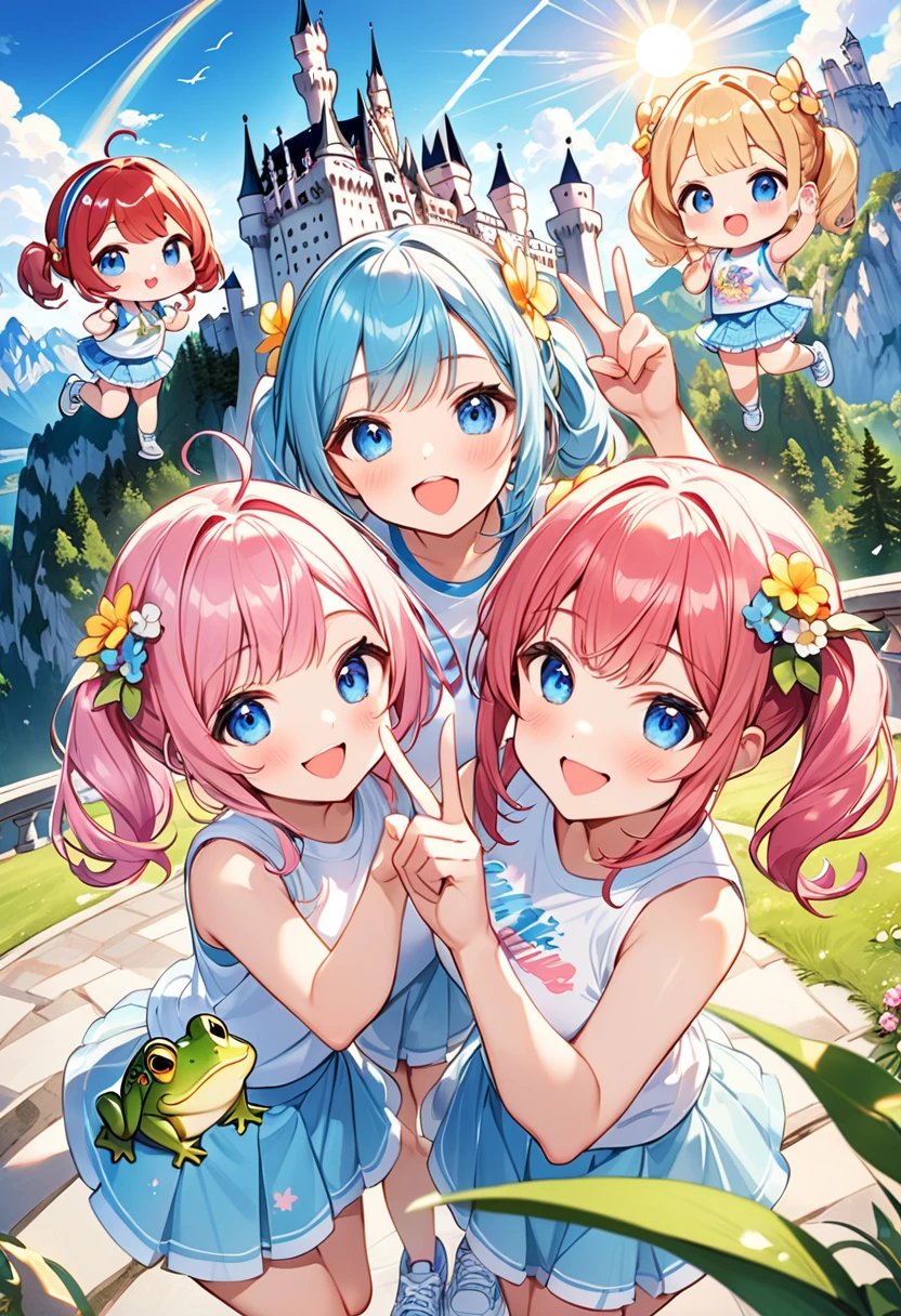 Highest quality、High resolution、Detailed Background、Beautiful face in every detail、Anatomically correct、Detailed facial expressions、fine grain、((full body, from below:1.2,  looking viewer:1.2)), break　((One Girl:1.2)、((Chibi Girl:1.2)))、Bright pretty hair color、Big beautiful blue eyes、Fuller lips、Pink Lips、Braided twintails、Ahoge、(Commemorative photo in front of a new car:1.2、Several sisters huddle together in the center.:1.2)、(Cute sleeveless T-shirt、Cute Skirt、Cute sneakers、Cute hair accessories)、break　((V sign、Cheerful pose:1.2、Smiling for a commemorative photo、They are sisters and get along well.))、((The background is a peaceful country villa、Autumn flowers々、Gentle sunlight))、(The frog is jumping:1.2)