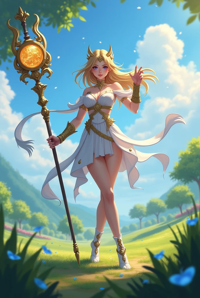 Look up at Athena's white one-shoulder robe, golden staff, olive branch-headed ring --auto