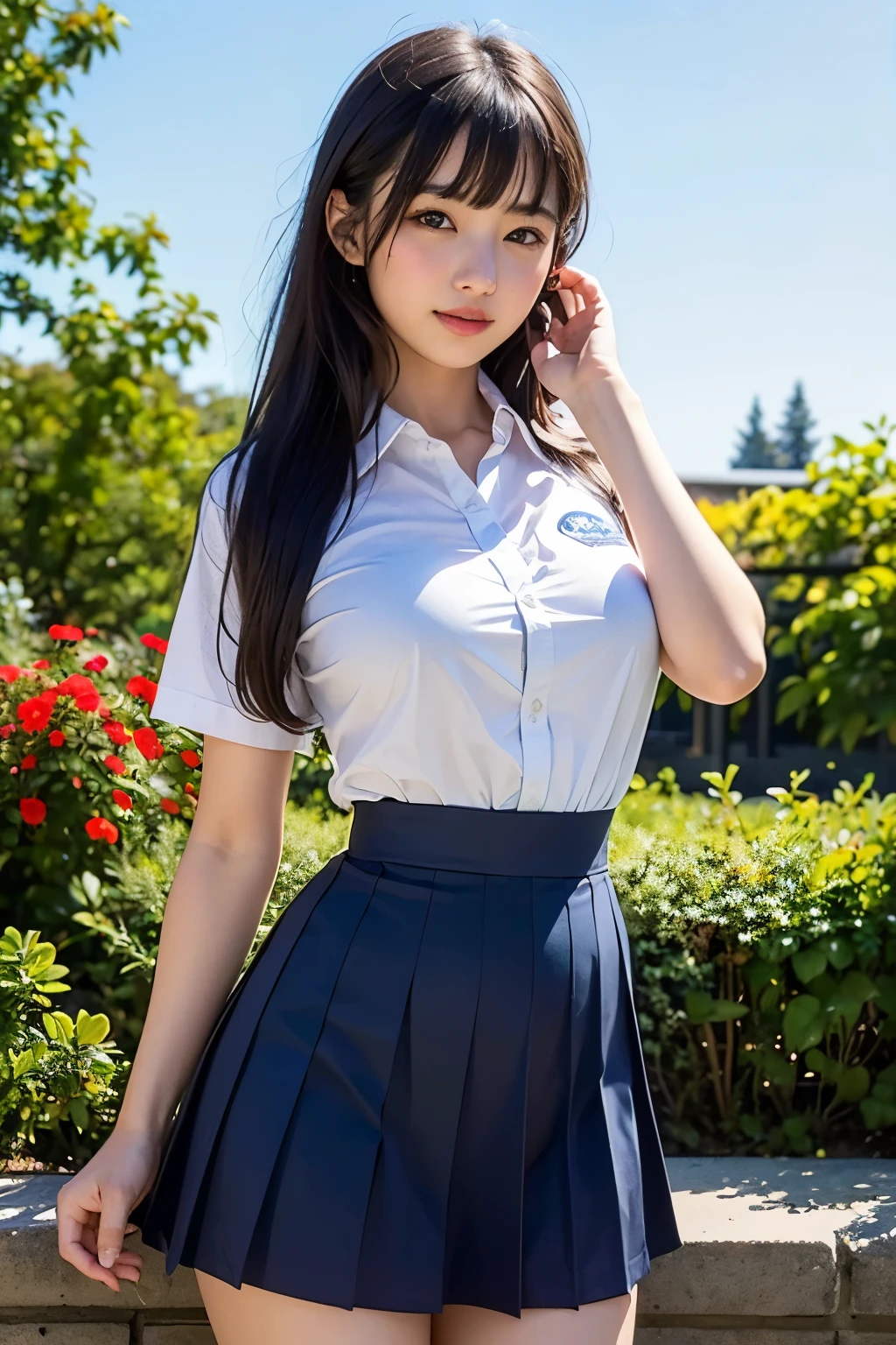 Pure Japanese school girl, sexual attraction, natural body, shiny white skin, wearing uniforms, natural ponytail, no makeup, impressive big brown eyes, pure smile, professional portrait photography, dazzling summer sunlight,