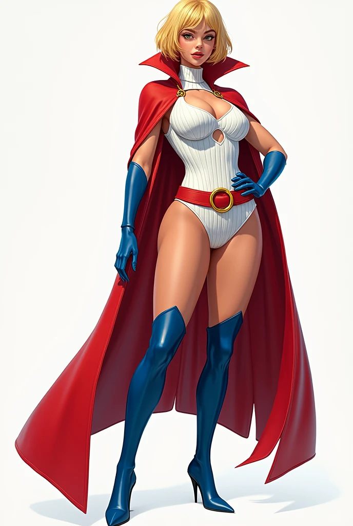 extremely long hair, ponytail, perfect anatomy 1 girl tall solo, slim thick, ((muscular)) high elf toned body, silver breast plate, blue cape, slender abs, hourglass waist, detailed face, defined cheekbones, puffy lips, gauntlets, gold crown, shadow over eyes, looking at viewer, masterpiece, white thigh highs lingerie, lustful smirking smile face red blushed red cheeks, 2 high heels feet together