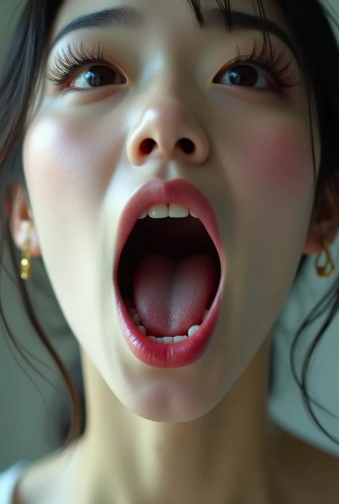 Big open mouth、cum on mouth、cum on tongue、cum on facial、facial cum shot、sperm:1.5、tongue、Naked woman kneeling bound with ropes、Angle from directly above the whole body、close up of face、(bdsm)、Behind