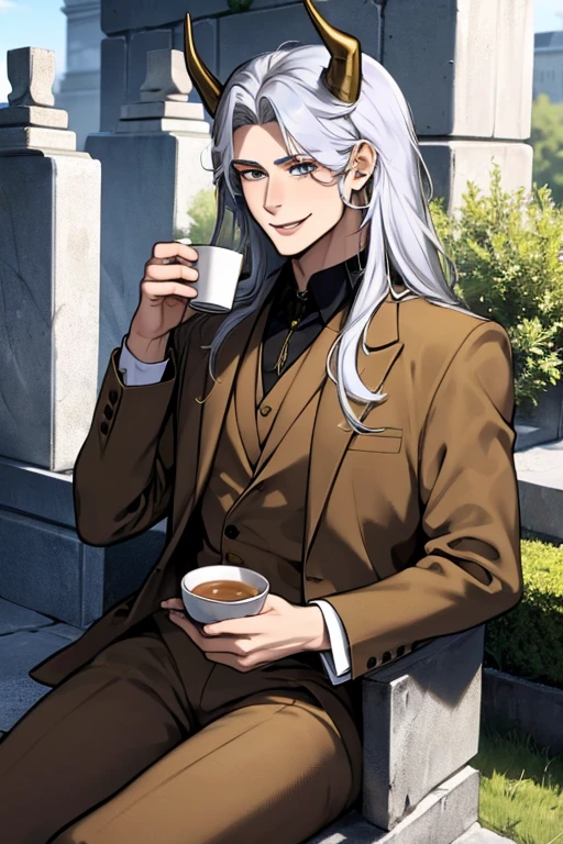 Perfect face. Perfect hands. A young silver haired man with golden eyes and golden horns in a cool suit is smiling while drinking tea  in a cemetery