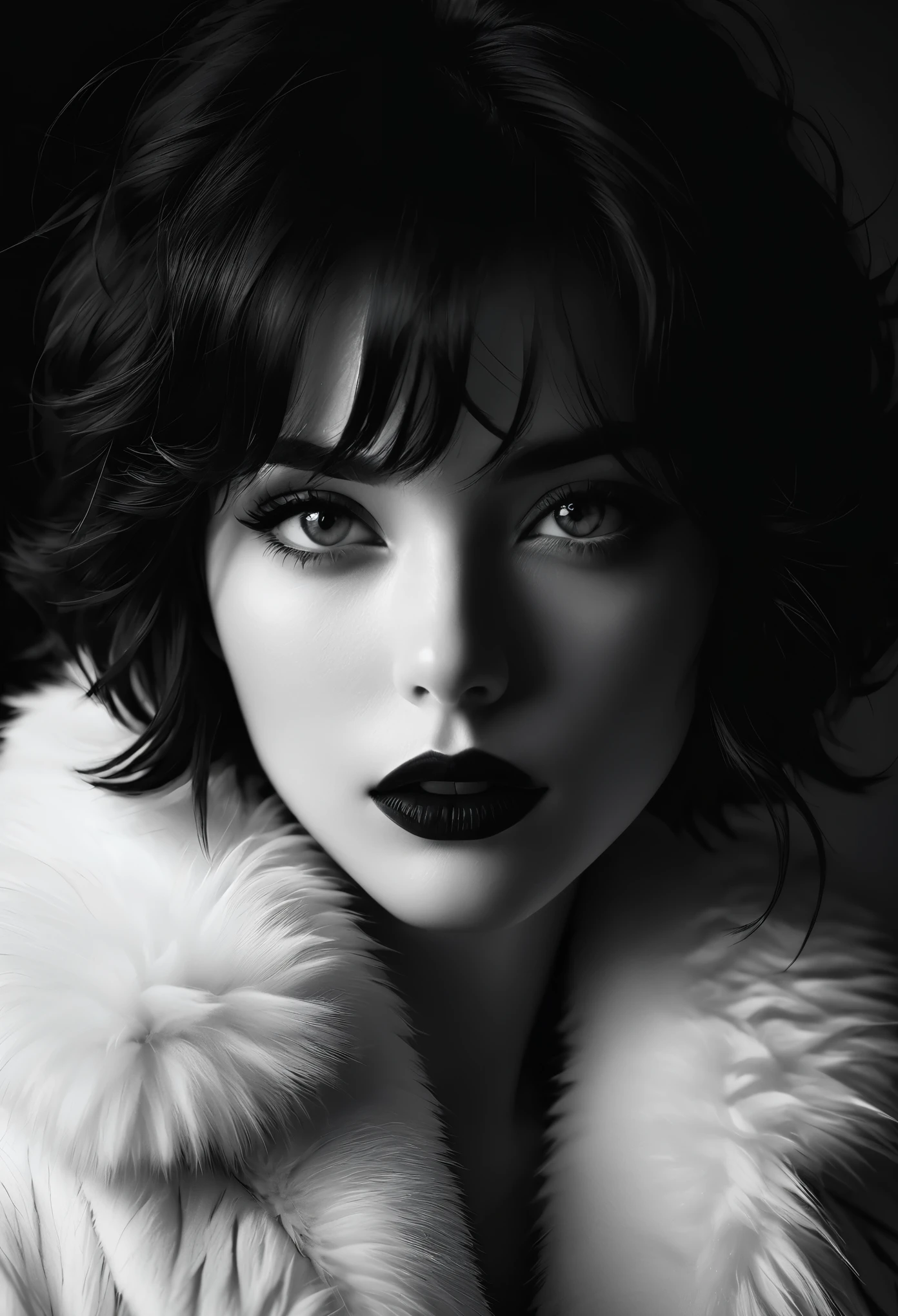 masterpiece, best quality, 1girl, looking at viewer, black and white photography, monochrome, high contrast, deep shadows, rich blacks, bright whites, short hair, wavy hair, dark hair, pale skin, dark lipstick, fur collar, detailed eyes, sharp focus, dramatic lighting, chiaroscuro, film grain