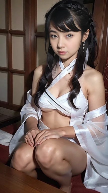 NSFW,perfect face,Suikoden,Lady Lin,,Beautiful costumes with traditional designs,Dirty with dust and mud,Her clothes have been stripped off and she is naked.,big 、big areola、full nude、Pubic hair bladder,full_body,Cloudy white semen overflows from the female genitals、