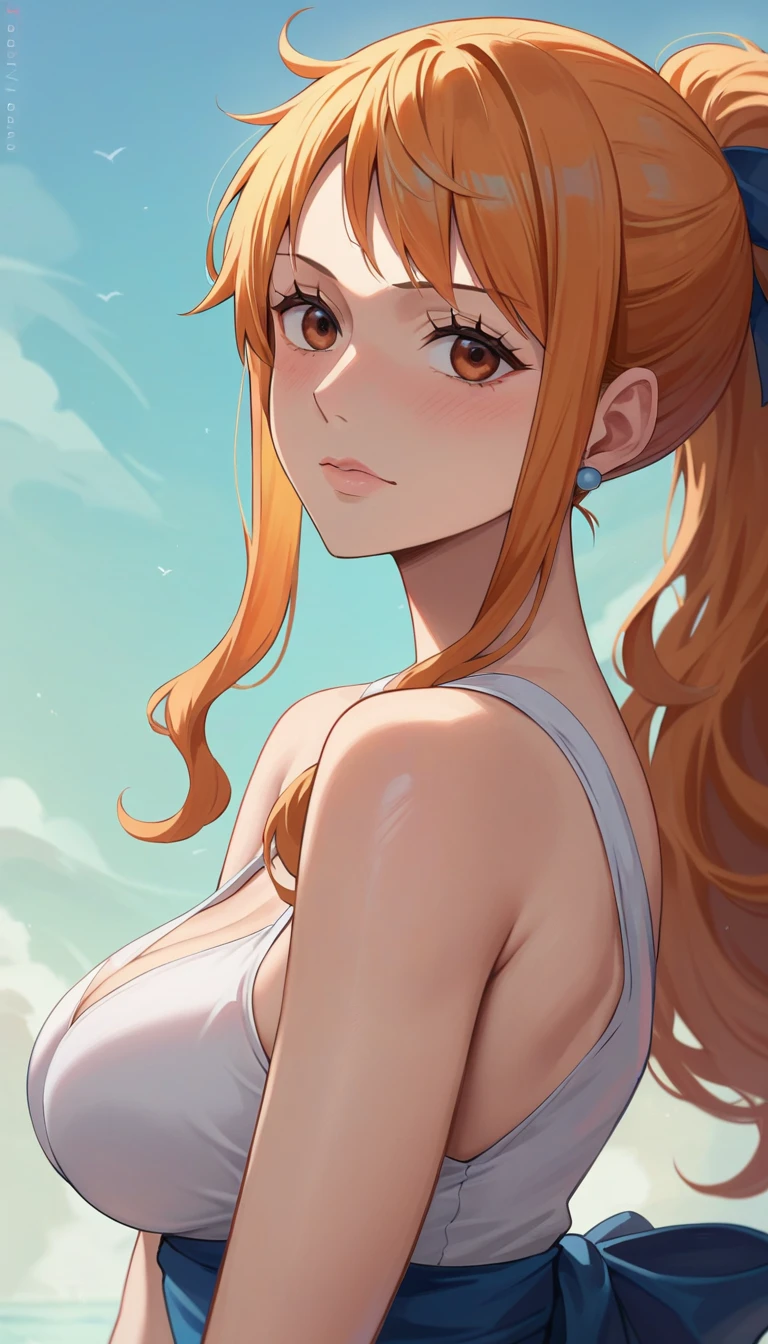 ((Fold your arms in front of you)),side,side汗,Nami from One Piece, Long orange ponytail hair, (Highest quality, 4K, 8k, High resolution, masterpiece:1.2), Very detailed, Beautiful brown eyes, Blushing,Anime Style, &#39;Remove prompt&#39; Add HDR, 超High resolution, Studio Lighting, Ultra-fine painting, Swimwear,