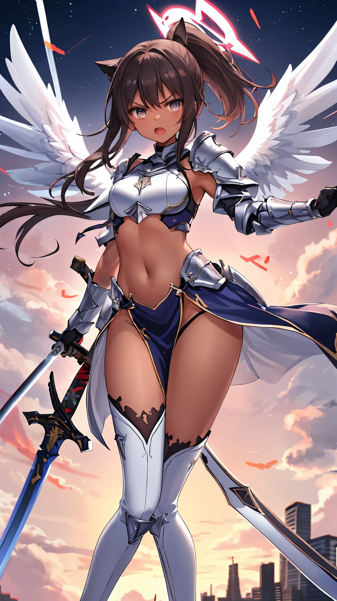 1angel_girl, Teen, brown_hair, medium_hair, (dark_skin)+, bare_shoulder, (bare_navel)0.8, Thigh,silver_shiny_armor, white_clothes,waist_armor, hold_sword_hilt, medium_breasts, angry, dynamic_pose_fighting, floating, (1pair_white_wings), (abs)0.6, sunset_background,(pelvic_curtain)++, headgear ,slightly_spread_legs,multiple_shiny_swords_floating_around_ the_girl