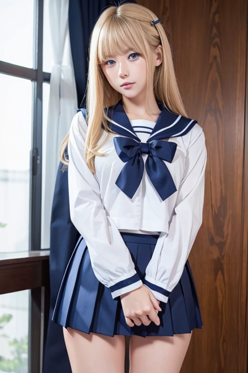 Beautiful long blonde　blue eyes　Embarrassing　Tears overflow from my eyes　A girl wearing a long-sleeved sailor uniform　Pleated skirt　mini skirt　No underwear　POV　One person, One person***, penis