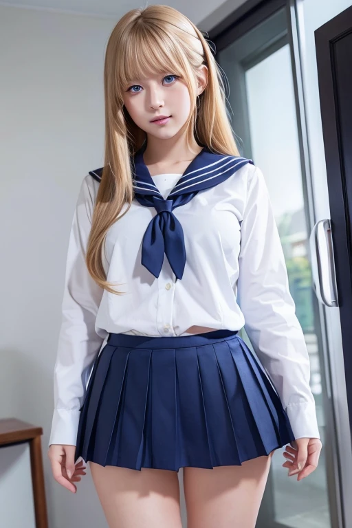 Beautiful long blonde　blue eyes　Embarrassing　Tears overflow from my eyes　A girl wearing a long-sleeved sailor uniform　Pleated skirt　mini skirt　No underwear　POV　One person, One person***, penis