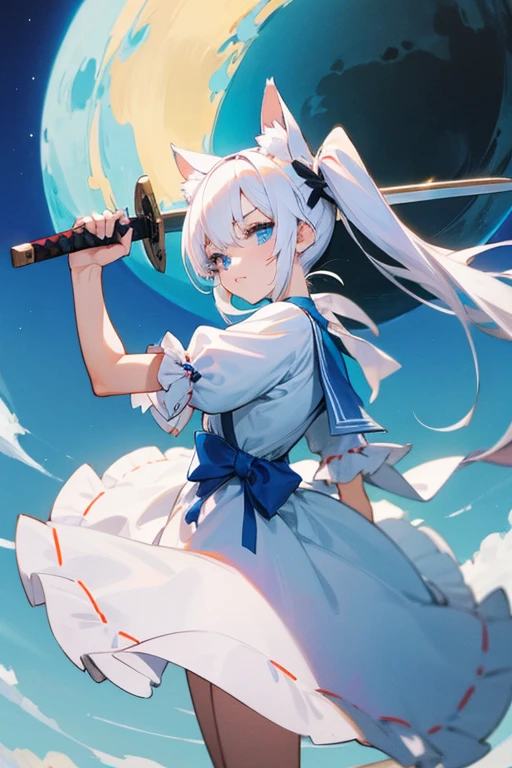 Beautiful anime girl with white hair, blue eyes, And a delicate face, wearing cute white dress, A playful and bright look, Ultra-high resolution, masterpiece, Highest quality, Very detailed, accurate twin tails, Animal ears, ****ta with Animal ears, Anime Style,大きいax,Carrying,Carrying a weapon,ax,巨Large sword,Large sword