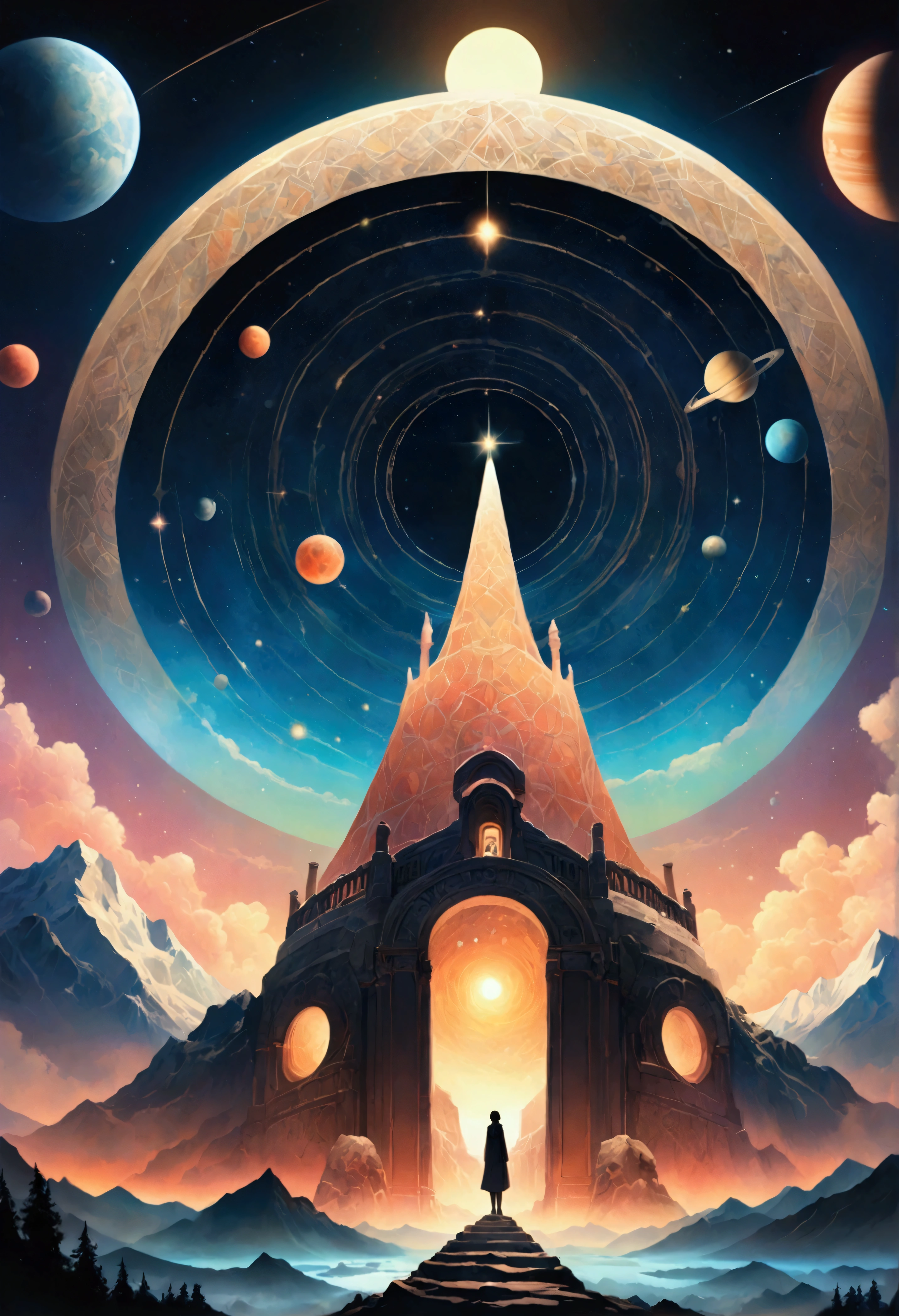 Perched atop a solitary mountain peak, its silhouette a stark silhouette against the backdrop of a star-studded sky, stands an ancient observatory, a testament to humanity's enduring fascination with the cosmos. Built of rough-hewn stone, its circular structure is adorned with intricate carvings, geometric patterns that whisper of celestial movements and the passage of time. Within its walls, imagine wise astronomers, their eyes fixed on the heavens, charting the course of planets, unlocking the secrets of the universe. Above, the Milky Way, a river of light, cuts through the darkness, while constellations, familiar and strange, shimmer like celestial diamonds scattered across a velvet cloth. Capture the sense of awe and wonder, the feeling of insignificance and connection to something far greater than ourselves, inspired by this ancient place of celestial observation.,Intricate details,Wide range of colors,artwork,rendering,(masterpiece:1.3),(highest quality:1.4),(Super detailed:1.5),High resolution,Very detailed,unity 8k wallpaper