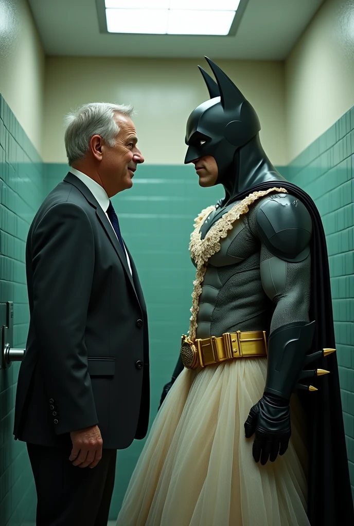 1980s, luxurious shower room, gay, bara, 2men, two men naked, wearing only white briefs, Batman hugs and licks the chest of his beloved old man Alfred with a smile like a , slim tall Alfred accepts it with a smile and strokes Batman's head