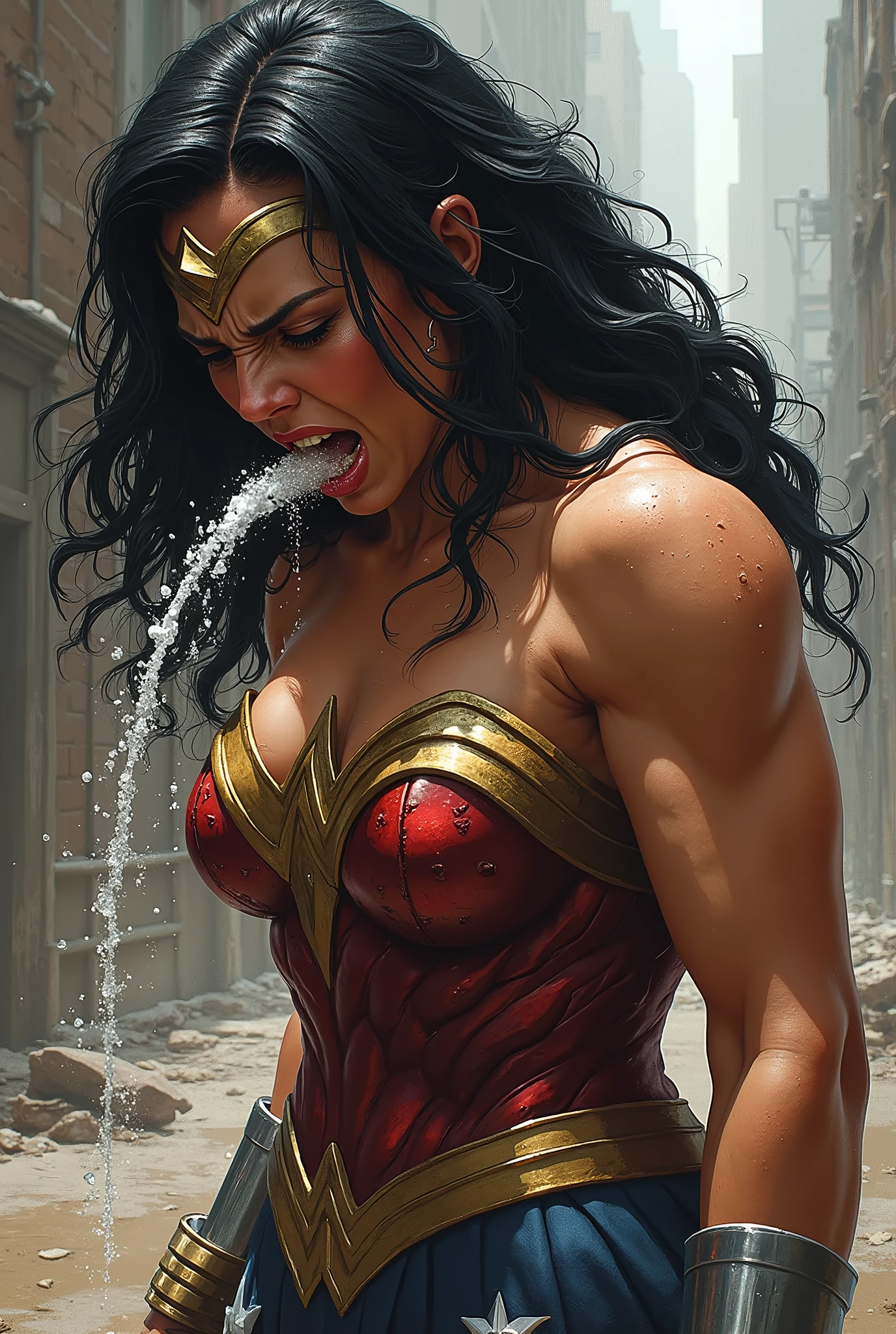 African American woman, black woman performing , voluptuous, UHD, 32k, 8k, long hair, dark skin, dripping wet, wet body