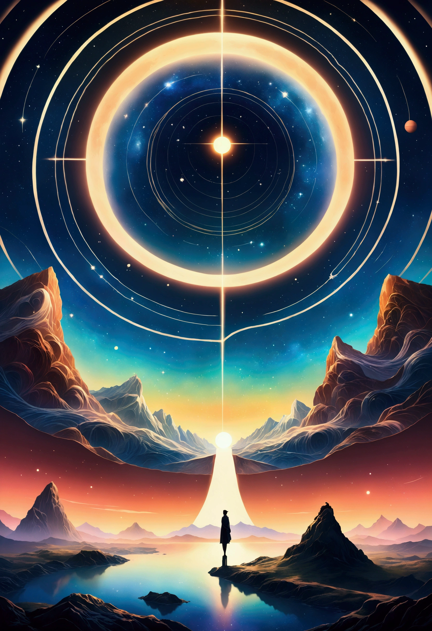 Perched atop a solitary mountain peak, its silhouette a stark silhouette against the backdrop of a star-studded sky, stands an ancient observatory, a testament to humanity's enduring fascination with the cosmos. Built of rough-hewn stone, its circular structure is adorned with intricate carvings, geometric patterns that whisper of celestial movements and the passage of time. Within its walls, imagine wise astronomers, their eyes fixed on the heavens, charting the course of planets, unlocking the secrets of the universe. Above, the Milky Way, a river of light, cuts through the darkness, while constellations, familiar and strange, shimmer like celestial diamonds scattered across a velvet cloth. Capture the sense of awe and wonder, the feeling of insignificance and connection to something far greater than ourselves, inspired by this ancient place of celestial observation.,Intricate details,Wide range of colors,artwork,rendering,(masterpiece:1.3),(highest quality:1.4),(Super detailed:1.5),High resolution,Very detailed,unity 8k wallpaper