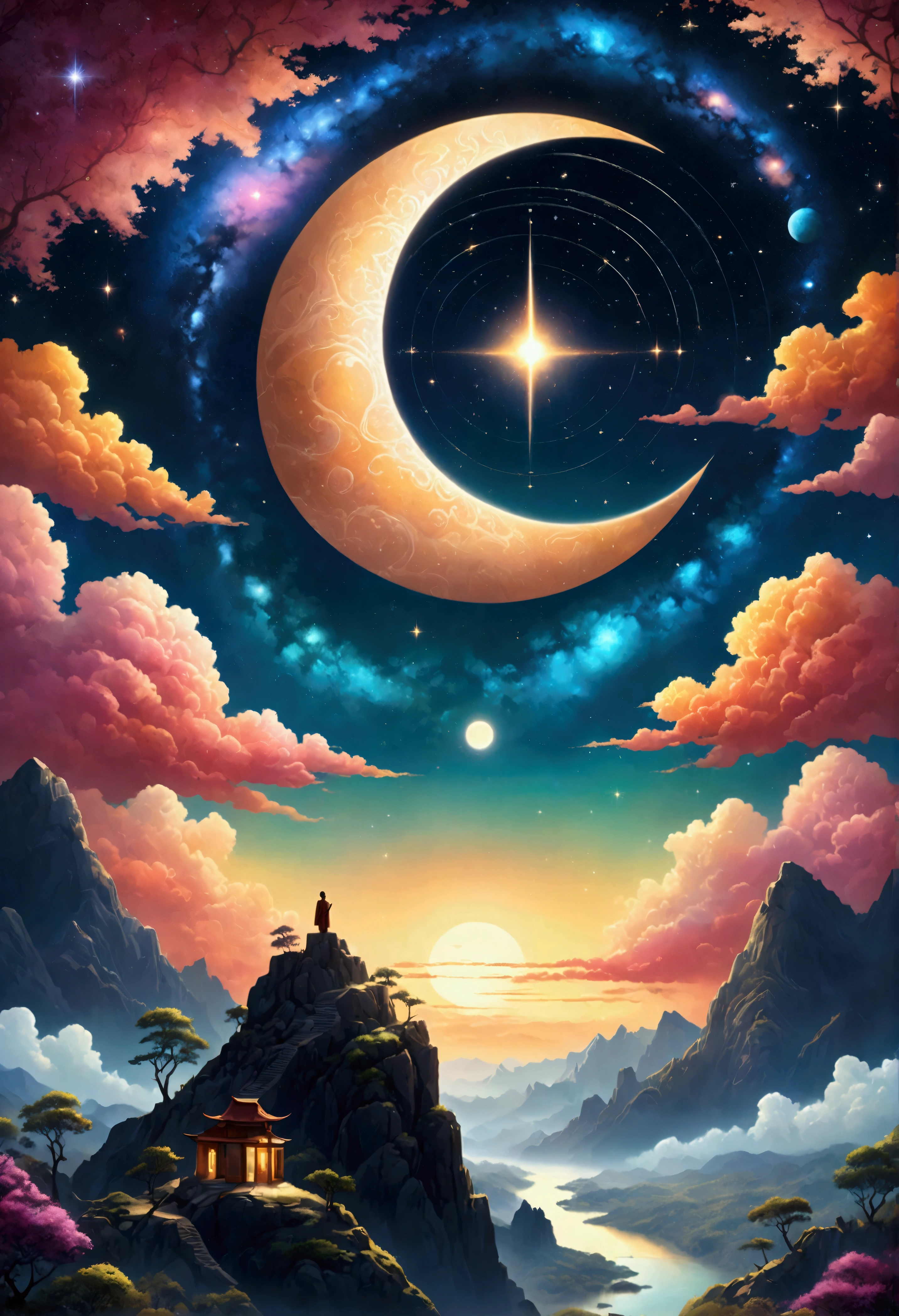 Perched atop a solitary mountain peak, its silhouette a stark silhouette against the backdrop of a star-studded sky, stands an ancient observatory, a testament to humanity's enduring fascination with the cosmos. Built of rough-hewn stone, its circular structure is adorned with intricate carvings, geometric patterns that whisper of celestial movements and the passage of time. Within its walls, imagine wise astronomers, their eyes fixed on the heavens, charting the course of planets, unlocking the secrets of the universe. Above, the Milky Way, a river of light, cuts through the darkness, while constellations, familiar and strange, shimmer like celestial diamonds scattered across a velvet cloth. Capture the sense of awe and wonder, the feeling of insignificance and connection to something far greater than ourselves, inspired by this ancient place of celestial observation.,Intricate details,Wide range of colors,artwork,rendering,(masterpiece:1.3),(highest quality:1.4),(Super detailed:1.5),High resolution,Very detailed,unity 8k wallpaper
