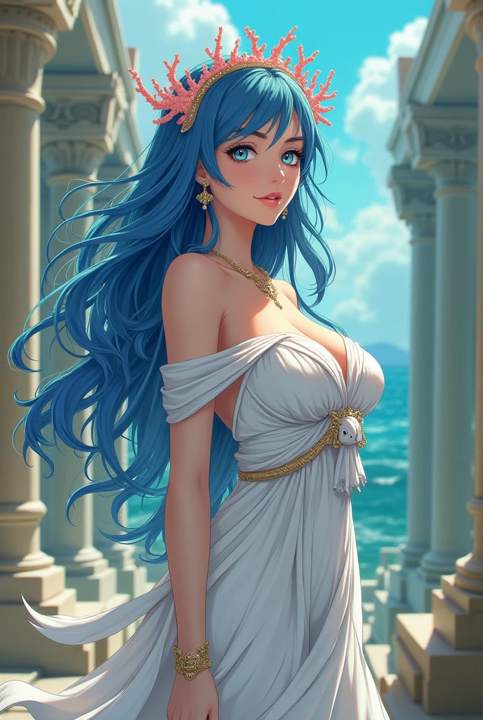 a beautiful girl with long purple hair, large breasts, and bare shoulders standing in a renaissance city around water, with the sun and clouds in the background, rendered in Blender with an isometric perspective