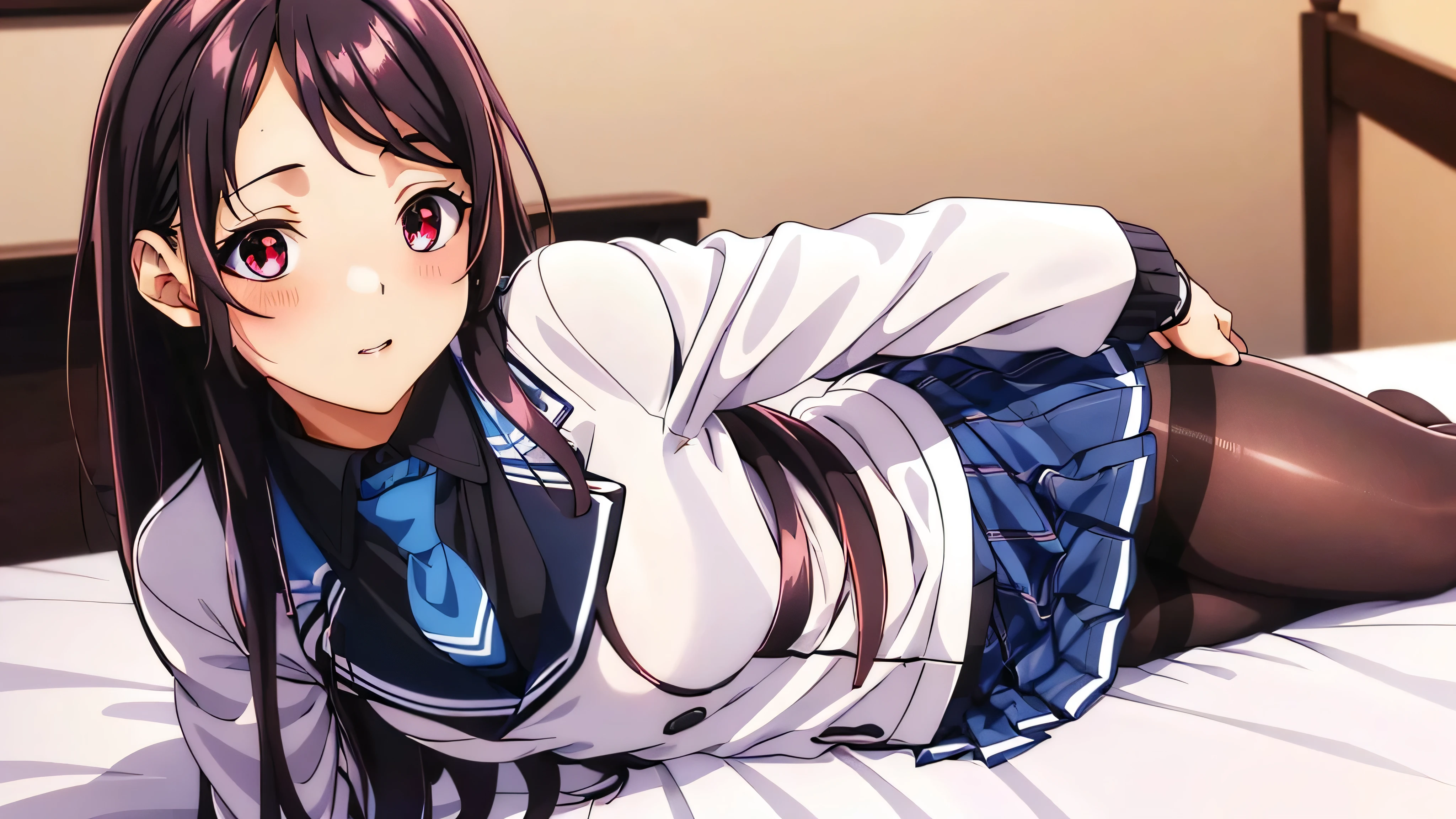 Show your armpits,Kaori Hojo, girl, (masterpiece: 1.1), (highest quality: 1.1), red eyes, long hair, cute smile, (upturned eyes, blush:1.2), parted lips,((school uniform), jacket, sleeve, tie, white skirt),  (pantyhose), bed room, ((bed on side:1.2)), (close-up:1.2), gravure,