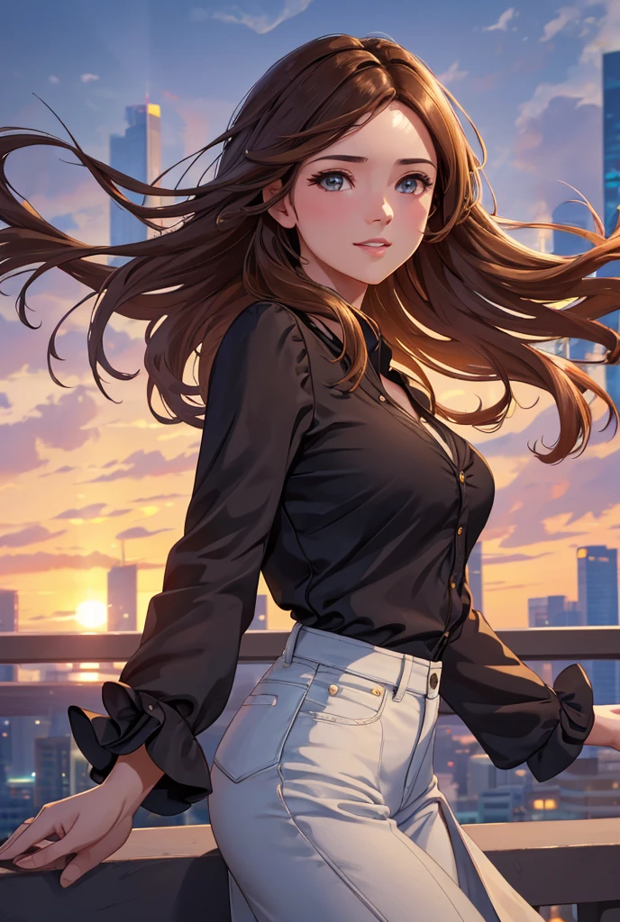 A beautiful young woman with a kind face, wearing a blouse, standing on a pedestrian bridge with skyscrapers in the background, against a sunset sky, her light brown hair blowing in the wind, smiling, ultra-detailed, (best quality,4k,8k,highres,masterpiece:1.2),ultra-detailed,(realistic,photorealistic,photo-realistic:1.37),HDR,UHD,studio lighting,ultra-fine painting,sharp focus,physically-based rendering,extreme detail description,professional,vivid colors,bokeh,portrait