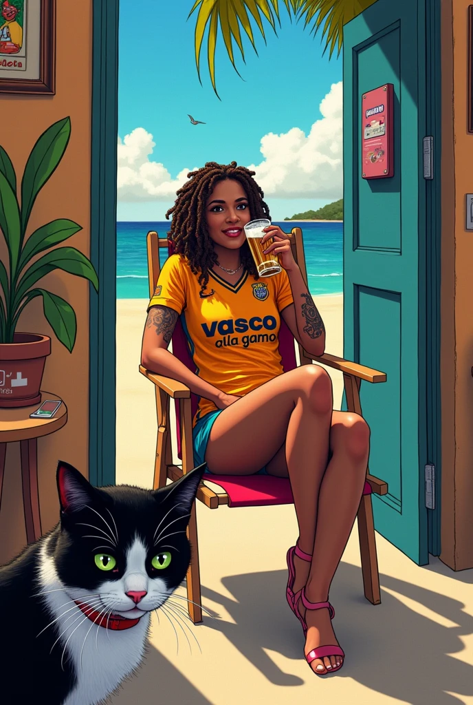 1girl,absurdres,ankh_necklace,ankh_tattoo,anklet,beer_can,bikini,bikini_bottom_only,bracelet,breasts,brown_eyes,cameltoe,can,chest_tattoo,dark-skinned_female,dark_skin,earrings,eru-sennin,highres,hoop_earrings,jewelry,large_breasts,lips,looking_at_viewer,multicolored_hair,navel,navel_piercing,nipple_piercing,original,pendant,piercing,pubic_tattoo,ring,sidecut,solo,spread_legs,streaked_hair,sunglasses,swimsuit,tattoo,toned,topless