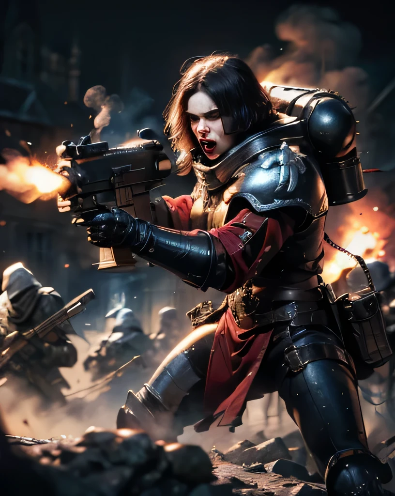 cinematic action shot of a group of adepta sororitas, abstract concept art in the style of HR Giger, Apterus, Zdzislaw Beksinski,
wearing full metal armor, (ORDER OF ARGENT SHROUD:1.2), (fleur de lis:1.2), holding weapon, (rifle, bolter:1.3), (scarlett johansson:0.9), bobcut black hair, (dark eyeshadow:1.1), goth makeup, detailed realistic skin, matte skin texture, skin imperfections, (angry:1.2), grim, shouting, (firing at viewer:1.3), in battle, (fighting stance:1.1),
detailed background, gothic ruins in the background, war, smoke, fog, (dim lighting:1.2), action movie poster,
dark art (masterpiece:1.1), (high resolution RAW photo, hdr:1.1) film grain, cinematic bokeh, depth of field, analog style, detailed, intricate, best quality, high quality, high res, absurdres, official art, grimdark, warhammer 40k,
