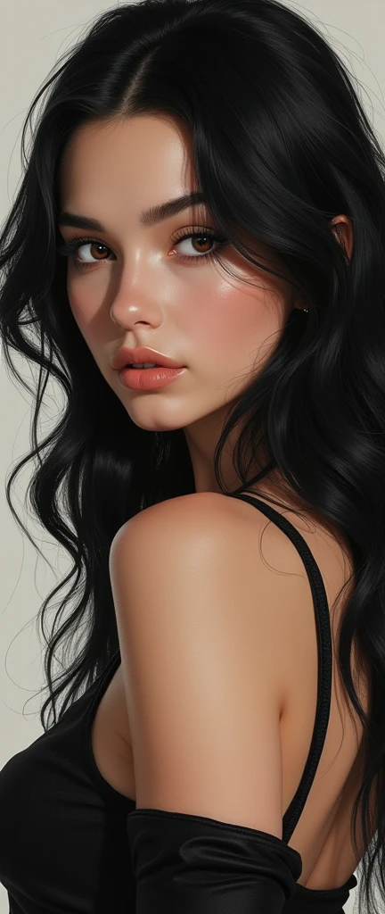 Interpretation of the human female form, Beautiful glowing skin, long, Black flowing hair, Modern visual concept art, Inspired by Enoch Boles, John Simmons, ArtGerm, Trending on ArtStation, intricate detailes, 4k 3D concept art, High resolution, masutepiece,