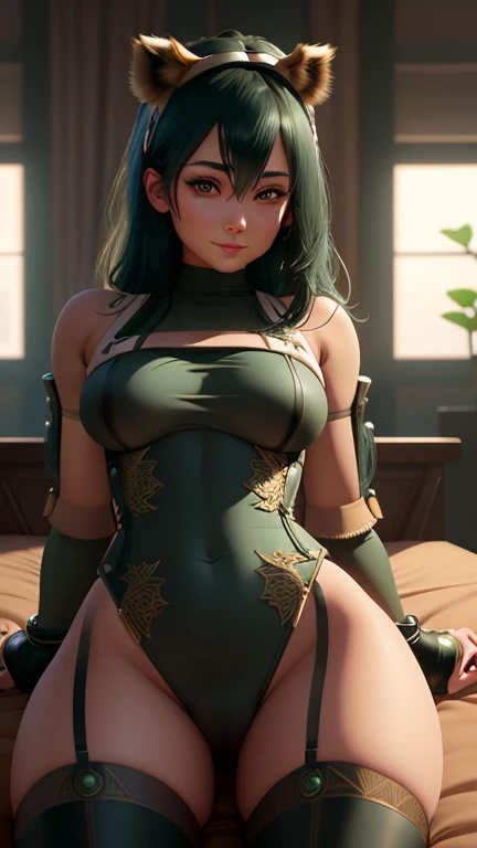 Masterpiece, best quality, 16k resolution, NVIDIA RTX Ray Tracing technology, Create a 4K resolution, ultra-realistic, and extremely detailed artwork, award winning, retina, soft light, sharp focus. (full bodyt:1.5), 

ubel, medium hair, hair between eyes, (green hair), side ponytail, purple eyes, smile, 

arm strap, single elbow glove, thigh strap, in a black lingerie, intricate and detailed lace set, laced lingerie, dressed in black lace, lacey, black lace, appealing, tight attire, seductive lady, wearing sexy lingerie, captivating and enticing,

open pose, looking at viewer, (STEALTH MASTURBATION:1.5)

((lying, lie down, on back)), NSFW, (NAKED BREASTS:1.5), (HAIRY PUSSY, PUBIC HAIR), (ON A LEASH:1.5)

indoors, fancy room, window, sky clouds, 

FULL BODY SHOT, ultra wide angle, textured skin, face detail, clean skin, perfect hands, perfect anatomy, anatomically correct