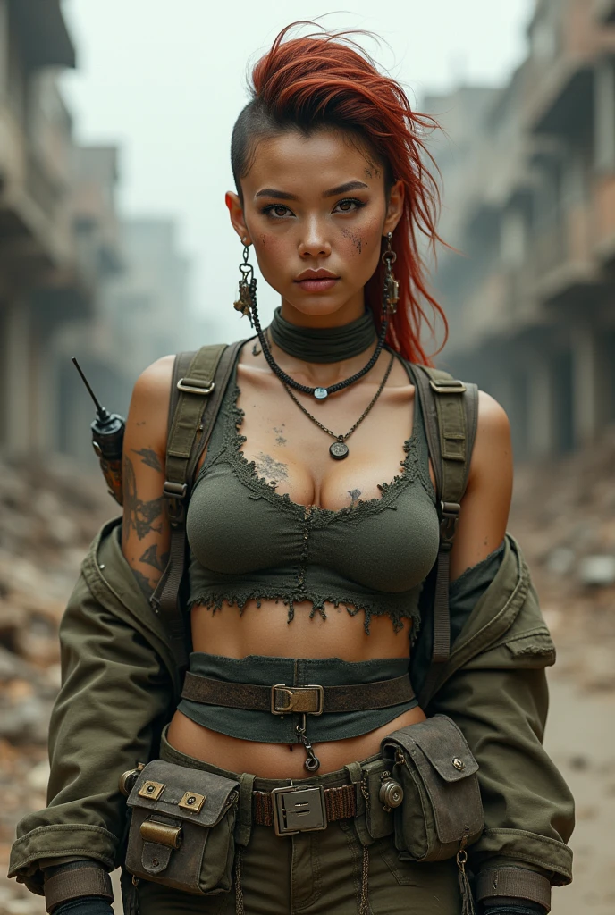 a close up portrait photo of 23 y.o woman in dirty wastelander clothes, survivor, war, postapocalyptic, red hair, mohawk, military haircut, paratrooper gear, special forces, scarred dirty face, mud on body, dirty, grimy, filipina, mixed, asian features, asian eyes, bandolier, ammo, canteen, ammo pouch, knife, holster, tech jacket, walkie talkie, torn tank top underneath, light brown skin, slim body, piercing eyes, tank commander, background is city ruins, gritty post-apocalyptic background, (high detailed skin:1.2), 8k uhd,dslr,soft lighting,high quality