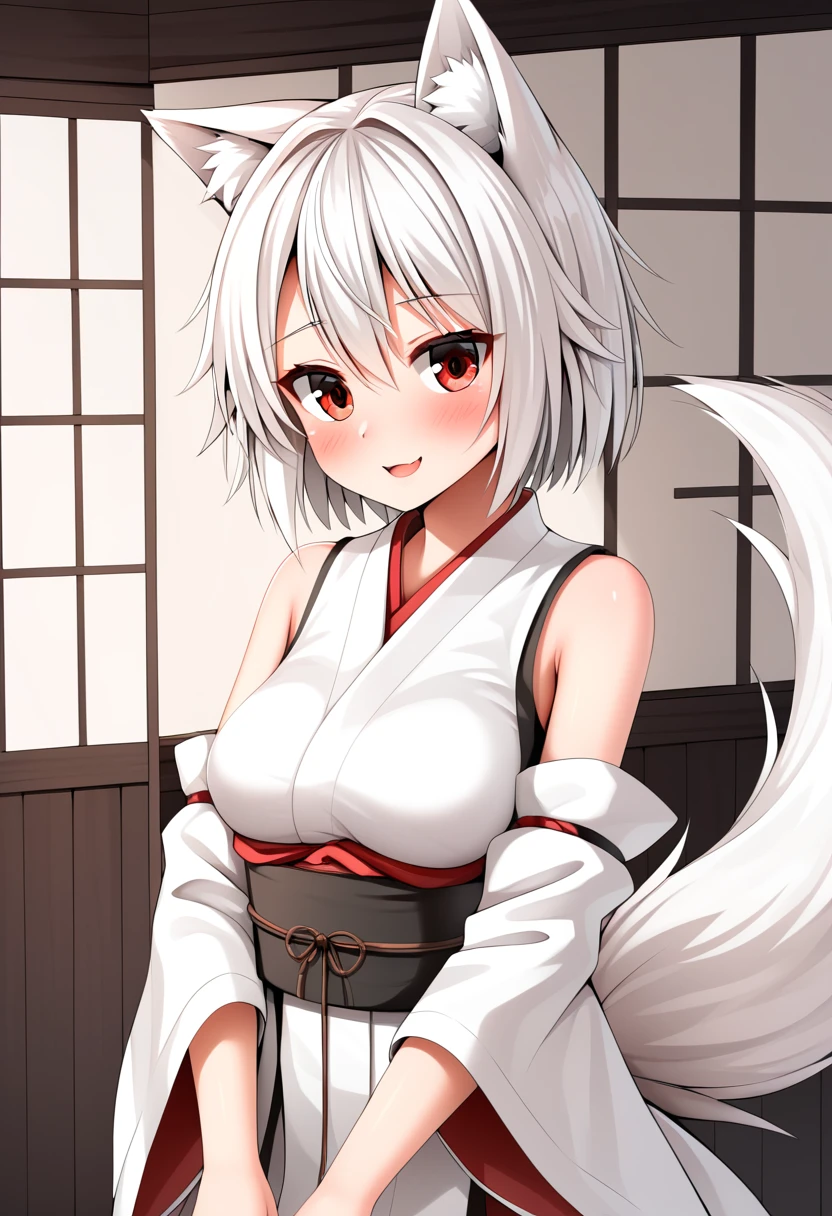 Highest quality, masterpiece, High resolution, One person, {wubashiri_momiji_East:1.15}, animal_ear, Wolf_ear, short_hair, red_eye, white_hair, Hw, Talkw&#39;_Hw, Wolf_tail, tail, red noodles, chest, One girl, phi_hat, white_background, Simple_background, just_shoulder, Lookwg_w_Audience, upper_body,just_naked_