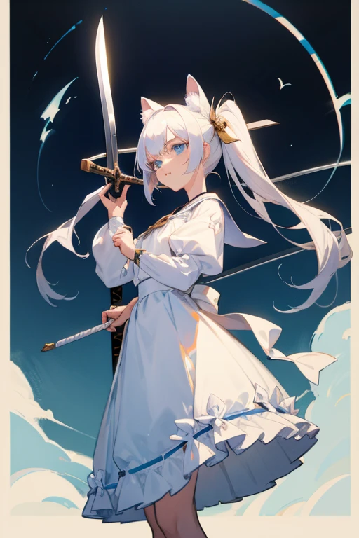 Beautiful anime girl with white hair, blue eyes, And a delicate face, wearing cute white dress, A playful and bright look, Ultra-high resolution, masterpiece, Highest quality, Very detailed, accurate twin tails, ****ta with animal ears, Anime Style,Carrying,Carrying a weapon,巨Large sword,Large sword,Big Sword,Put it on your shoulder,Carrying,Long Sword