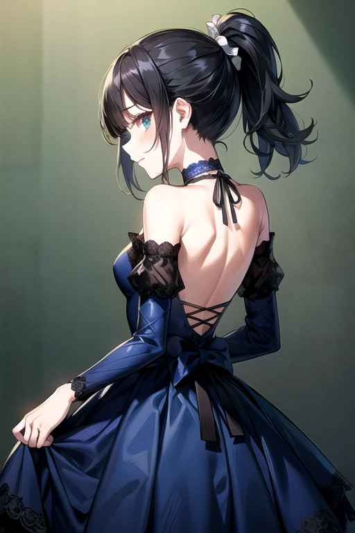 (Highest quality)、(Highest quality)、cute、(choker).eyes are emerald、(ponytail)、(Black Hair)、(backless dress).(Navy blue lace dress).