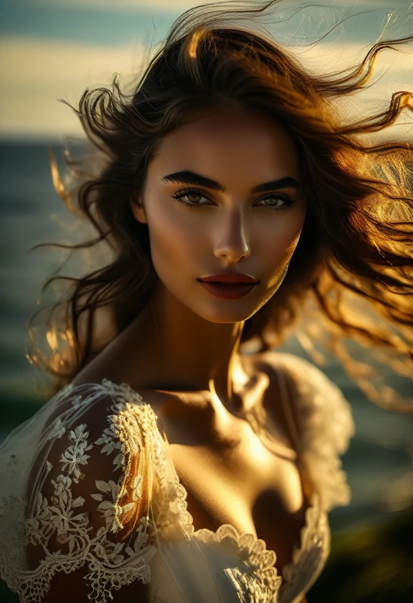 fashion editorial vogue photography, Photo taken with Canon EOS R5, POV, photography, portrait, from below.elegant girl photomodel, mixed feelings of intense joy and confidence, on the Saline de Monaci Nature Reserve with the sea with sun in the sky . wedding dress,worn haute couture lace dress. Beaked lips, small Italian nose, heart-shaped oval face, thin almond-shaped eyes, makeup, clouded skin, clear hearing, carbybody. cinematic, absolute realistic, Unreal Engine, 4k