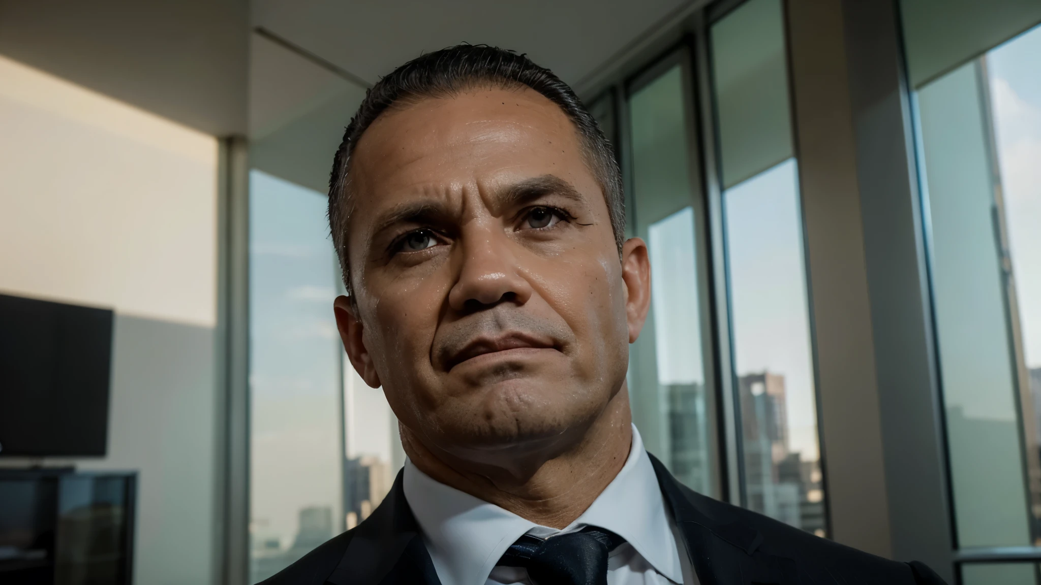 A digital painting of a close-up of a strong, authoritative man in a high-ranking executive position. He confidently in a sleek, modern office, with floor-to-ceiling windows offering a panoramic view of a bustling city skyline. His tailored suit is impeccably crafted, exuding power and sophistication. His chiseled features and intense gaze reflect determination and intelligence. The lighting is dramatic, casting sharp shadows that emphasize his commanding presence, while subtle details in the background, like cutting-edge technology and minimalist decor, highlight his success and influence.