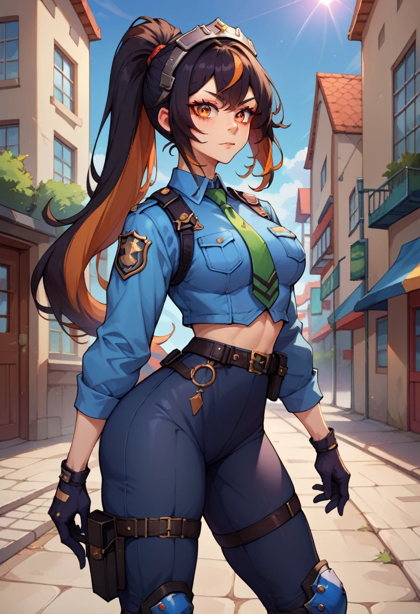 zhu yuan, orange eyes, black hair, long hair, streaked hair, ponytail, metal hairband, police uniform, blue jacket, cropped jacket, long sleeves, black vest, two-tone vest, black gloves, green necktie, plaid necktie, black pants, high-waist pants, belt, thigh straps, knee pads, holster, tight pants, blue footwear, medium breast, naked, showing breast 