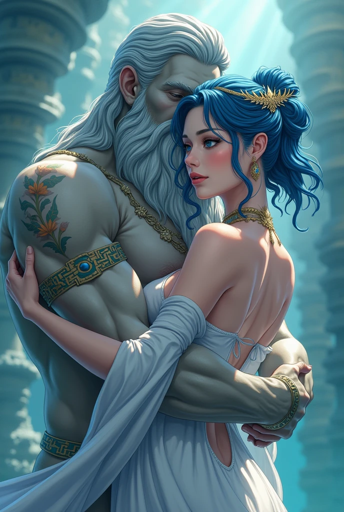 a marble statue of a handsome man and woman holding one in his left hand, ambos olhando um ao outro