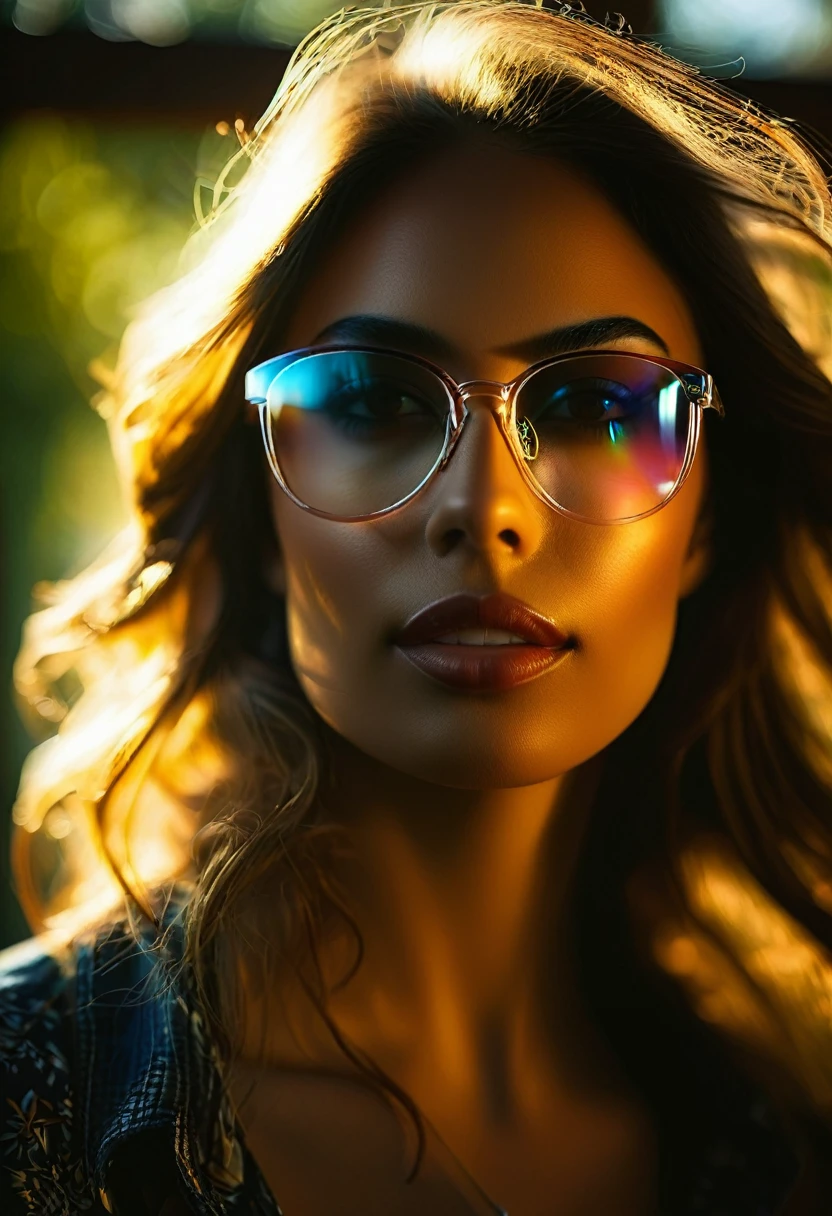 portrait close up of a beautiful woman with transparent glasses named Lora shot with sunlight, Style: hyper-realistic photograph, Camera: Canon EOS 5D Mark IV DSLR, Camera Settings: f/5.6 aperture, 1/125 second shutter speed, ISO 100