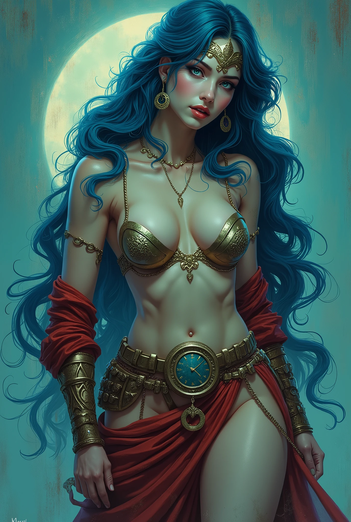 a painting of a woman with long wavy hair, t-shirt with plumeria design, digital art inspired by Cyril Rolando, trends in cg society, digital art fantasy, colorful digital fantasy art, wonderful digital art, beautiful art uhd 4k , digital exquisite illustration, MASTERPIECE, full-length photo, ((black and brown hair, long afro-style hair)), ((real water)), bathing in a river pond, extremely detailed art, blushing, ((water running down the body)), ((small breasts)), open legs, ((sexual arousal, sexual expression)), shiny skin, intricate, elegant and highly detailed digital photography, majestic and surreal painting, beautiful finely detailed eyes: 1.2 ), hdr, (masterpiece), best quality, expressive eyes looking out of the corner of the eye, perfect face, ((portrait of a beautiful goddess with afro hair)), ((long hair in braids and afro)), (( latin brown skin)), intricate, elegant, highly detailed digital photography, (detailed background window to a new dimension), plants and flowers: 0.7), ((night sky with full moon)), highly detailed face and body, lighting cinematic, photorealistic, 1 girl, 18 years old, dark brown eyes, big eyes, pink lips, bald pussy, well lit, beautiful and aesthetic: 1.2), (fractal art: 1.3), ((colorful and beautiful goddess emerging from the ocean , full female body)), ((wild waves, big waves)), oriental mandala tattoos, ((transparent dresses merged with the sea)), ((stormy sky, sunset sky, red storm clouds)), ( (ancient temple floating in the sea)), ancient floating clock, lamp, lantern, beautiful girl with a slight smile, forest, flowers and roses, visible vagina, no panties, ((sitting on a marble pedestal)), front view , magic, Lord of the Rings world, waterfall, mandala and flower tattoos on naked body, toes submerged in water, mostly cloudy sky (highly detailed CG unity 8K wallpaper), exposed breasts, nudes, body Nude, Chel, a painting of a woman with long, wavy hair. ((braided afro hairstyle hair)).