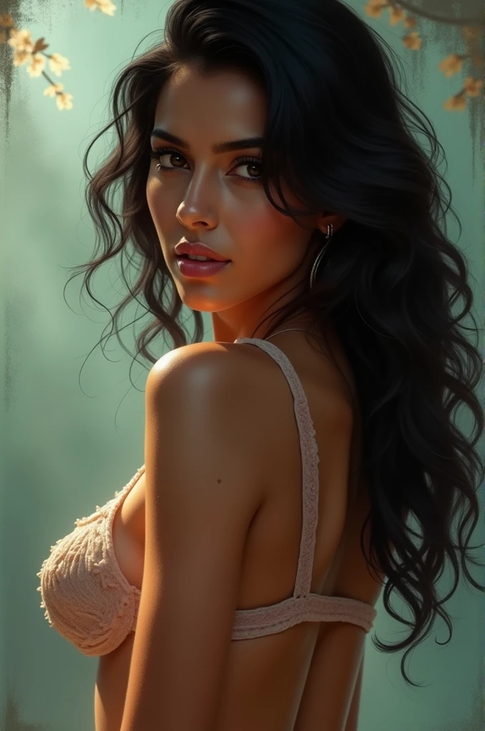 Explore the aura of mystery in the over-the-shoulder pose. Highlight the gentle curve of the neck and the captivating expression of the face, engaging the viewer with a sense of intriguing fascination, (linda mulher morena suando, olhos azuis e seios grandes, corpo inteiro, roupas transparentes, correndo no deserto com um tigre ao seu