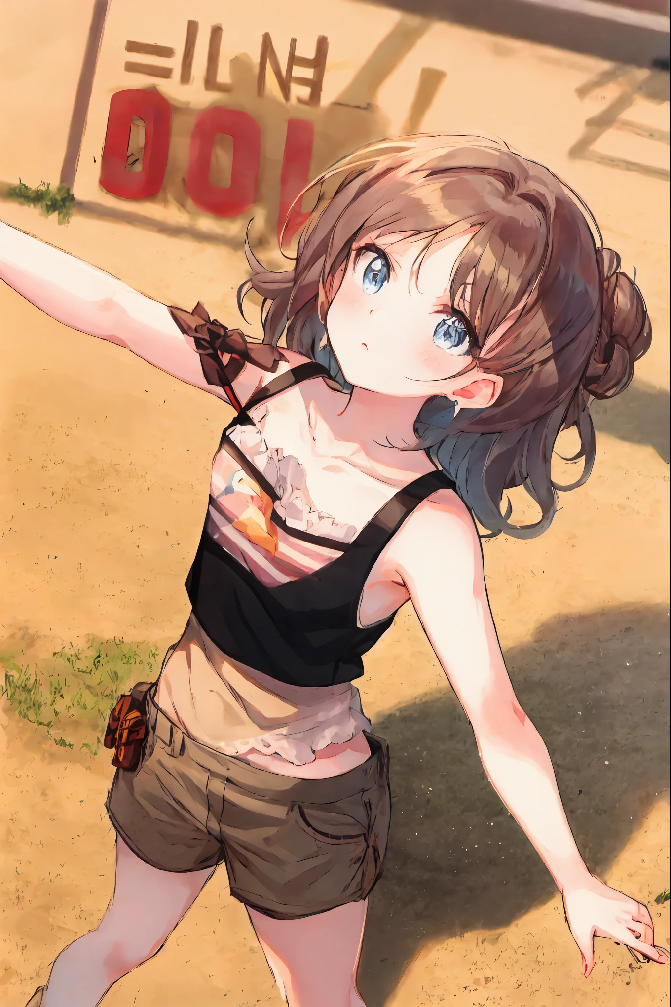 ((Masterpiece)), ((best quality)), (Anime:1.3), (super detail:1.2),(High Definition:1.3), (Professional Photography:1.2), (()), (wide shot), (morning), messy medium hair, (wearing tribal loincloth only), tribal thin necklace, (slightly exposed naked small breast), erect nipples, (Healthy body), Beautiful collarbone, pale brown hair, cute teenage girlhy and very blush), lower eyelashes, (loose blunt bangs), red mesh hair, Slender body, (waving hand), glossy skin, open mouth, ((Beautiful brown eyes)), Textured skin, (Cat ears), Cute Beautiful Girl, BREAK, ((best quality)), ((on the collapsed city of the apocalypse)), vapor trail on the sky, (sharp focus), (perfect light),