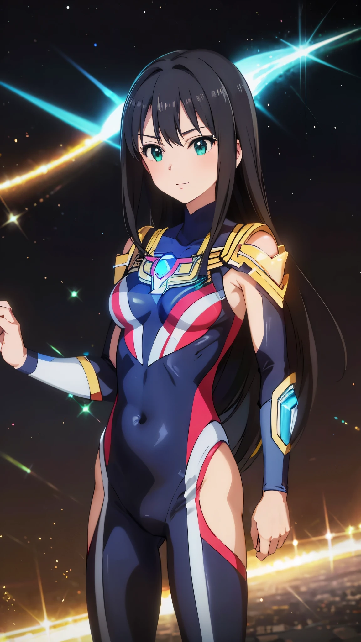 (masterpiece、Highest quality、In 8K、High resolution:1.2)、alone、1 girl、 Rin Shibuya、Tight clothing、Cowboy Shot、smile、Hero Suit、Bodysuits、Tight suit、((Trained abdominal muscles))、((Trained biceps))、(Hmph :1.0)、 レッドウルトラマンBodysuits、Shining jewel on the chest、(building:1.2)、Night view