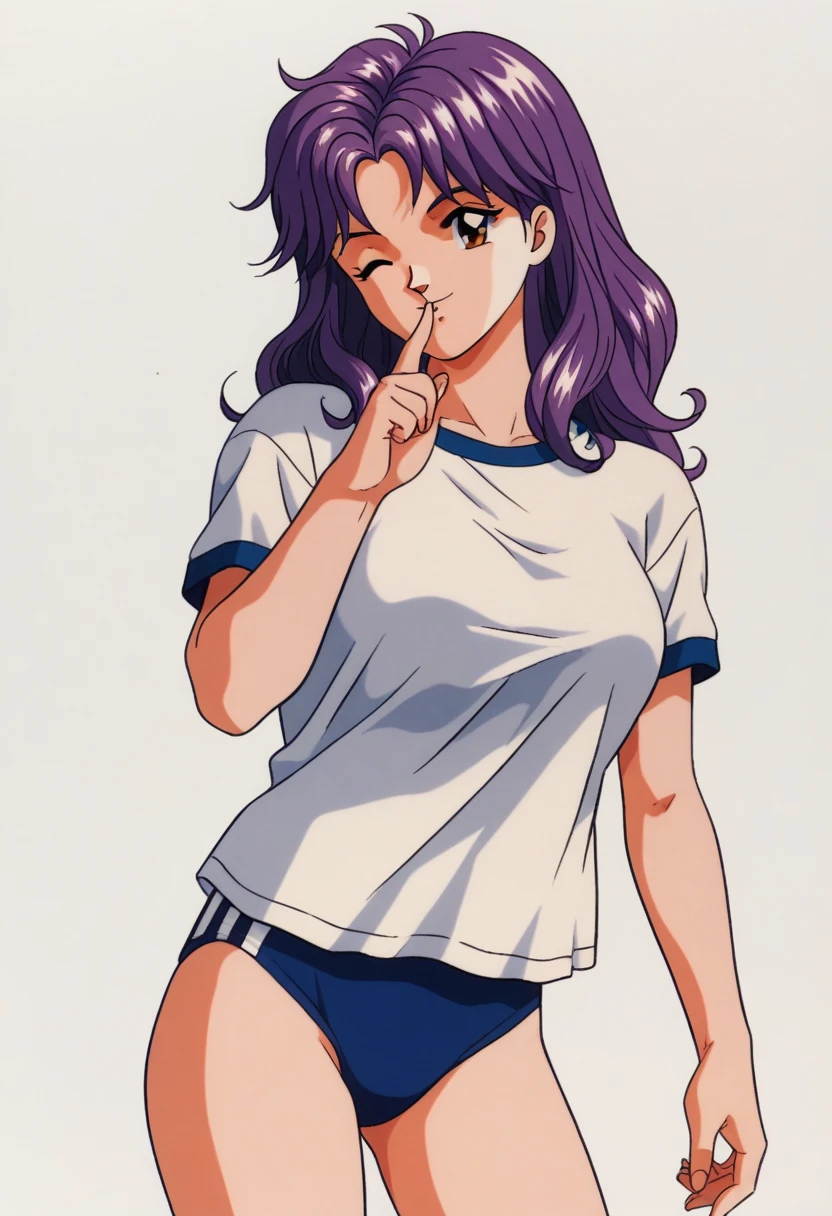 Mira Kagami, 1 girl, solo, retro artstyle, 1990s (style), thin outline, nsfw, isolated on white background, tachi-e, looking at viewer, straight-on, standing, cowboy shot:0.8, purple hair, shoulder length hair, straight perm hair:1.2, long horizontally eyes:1.5, brown eyes, white gym shirt, buruma, light smile, wink, finger to mouth, large breasts, score_9, score_8_up, score_7_up, score_6_up