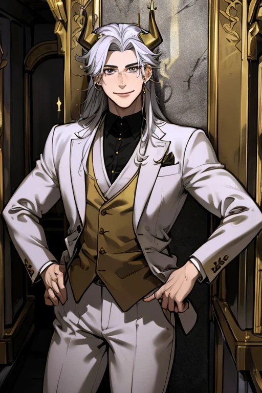 Perfect face. Perfect hands. A young silver haired man with golden eyes and golden horns in a cool suit is smiling while exploring a mausoleum in a cemetery