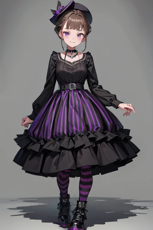 ((nice with you)), short hair, Braided hair, Brown Hair, Purple eyes, bangs, woman, alone, Punk Fashion , Black and purple dress , Mini Hat , Striped tights , spiked shoes , Vintage Background , Fearless smile