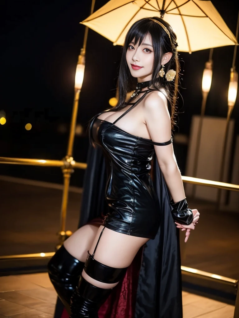 (Highest quality, 4K, masterpiece :1.3), Beautiful woman, Surreal, 1 person,),Ajolf, Side Lock,Short hair and long straight hair, Gold Hair Band, Gold earrings, Gold Hair Ornament, Big Breasts, Exposing shoulders, Black Dress, Double-sided dress with red rose cape, choker, Thigh-high boots, , Fingerless gloves, Thigh-high boots,Slender beauty, (Huge breasts, Attractive body :1.2), Abdominal exercises :1.1, Long black hair 1.1, Highly detailed face, Lip details, Beautiful Eyes, double eyelid, Sexy low neck dress, Open neckline, Twisting waist pose, Visible curves,Muscular, Bent legs, Yugal, masterpiece, Highest quality, High resolution, aaYugalf,Cowboy Shot, Are standing, Looking at the audience, Outdoor, night, (Perfect Anatomy:1.Big Ass, jewelry, Off the shoulder, Black Pantyhose, Cute Smile, Beautiful and bright lighting, Beautiful breasts,Place your hands behind your back,