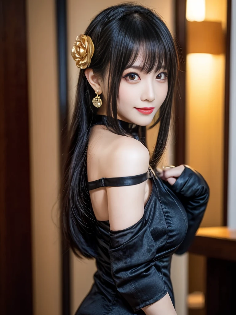 (Highest quality, 4K, masterpiece :1.3), Beautiful woman, Surreal, 1 person,),Ajolf, Side Lock,Short hair and long straight hair, Gold Hair Band, Gold earrings, Gold Hair Ornament, Big Breasts, Exposing shoulders, Black Dress, Double-sided dress with red rose cape, choker, Thigh-high boots, , Fingerless gloves, Thigh-high boots,Slender beauty, (Huge breasts, Attractive body :1.2), Abdominal exercises :1.1, Long black hair 1.1, Highly detailed face, Lip details, Beautiful Eyes, double eyelid, Sexy low neck dress, Open neckline, Twisting waist pose, Visible curves,Muscular, Bent legs, Yugal, masterpiece, Highest quality, High resolution, aaYugalf,Cowboy Shot, Are standing, Looking at the audience, Outdoor, night, (Perfect Anatomy:1.Big Ass, jewelry, Off the shoulder, Black Pantyhose, Cute Smile, Beautiful and bright lighting, Beautiful breasts,Place your hands behind your back,