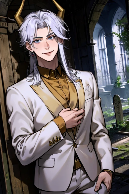 Perfect face. Perfect hands. A young silver haired man with golden eyes and golden horns in a cool suit is smiling while exploring an abandoned church in a cemetery