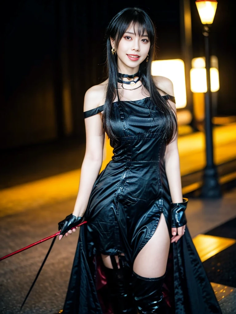 (Highest quality, 4K, masterpiece :1.3), Beautiful woman, Surreal, 1 person,),Ajolf, Side Lock,Short hair and long straight hair, Gold Hair Band, Gold earrings, Gold Hair Ornament, Big Breasts, Exposing shoulders, Black Dress, Double-sided dress with red rose cape, choker, Thigh-high boots, , Fingerless gloves, Thigh-high boots,Slender beauty, (Huge breasts, Attractive body :1.2), Abdominal exercises :1.1, Long black hair 1.1, Highly detailed face, Lip details, Beautiful Eyes, double eyelid, Sexy low neck dress, Open neckline, Twisting waist pose, Visible curves,Muscular, Bent legs, Yugal, masterpiece, Highest quality, High resolution, aaYugalf,Cowboy Shot, Are standing, Looking at the audience, Outdoor, night, (Perfect Anatomy:1.Big Ass, jewelry, Off the shoulder, Black Pantyhose, Cute Smile, Beautiful and bright lighting, Beautiful breasts,Place your hands behind your back,