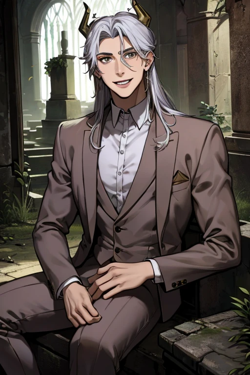 Perfect face. Perfect hands. A young silver haired man with golden eyes and golden horns in a cool suit is smiling while exploring an abandoned church in a cemetery