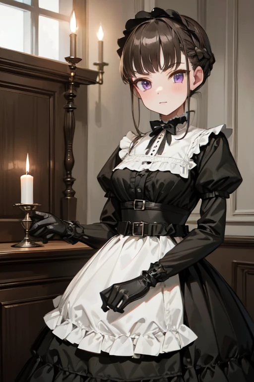 ((nice with you)), short hair, Braided hair, Brown Hair, Purple eyes, bangs, woman, alone, Chic Lolita Fashion , Black and white ruffled dresses , Race Gloves , Pure white skin , Candlelight , Inside an old Western-style building , solemn expression、