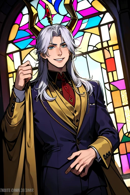 Perfect face. Perfect hands. A young silver haired man with golden eyes and golden horns in a cool suit is smiling in front of a stained glass window