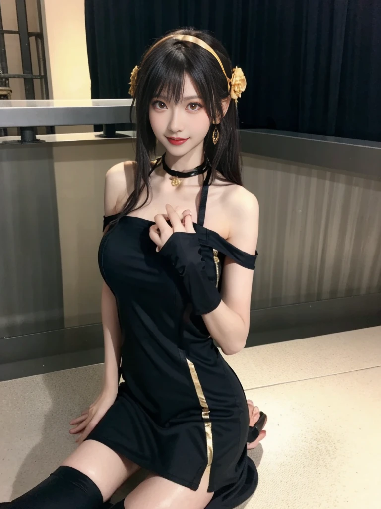 (Highest quality, 4K, masterpiece :1.3), Beautiful woman, Surreal, 1 person,),Ajolf, Side Lock,Short hair and long straight hair, Gold Hair Band, Gold earrings, Gold Hair Ornament, Big Breasts, Exposing shoulders, Black Dress, Double-sided dress with red rose cape, choker, Thigh-high boots, , Fingerless gloves, Thigh-high boots,Slender beauty, (Huge breasts, Attractive body :1.2), Abdominal exercises :1.1, Long black hair 1.1, Highly detailed face, Lip details, Beautiful Eyes, double eyelid, Sexy low neck dress, Open neckline, Twisting waist pose, Visible curves,Muscular, Bent legs, Yugal, masterpiece, Highest quality, High resolution, aaYugalf,Cowboy Shot, Are standing, Looking at the audience, Outdoor, night, (Perfect Anatomy:1.Big Ass, jewelry, Off the shoulder, Black Pantyhose, Cute Smile, Beautiful and bright lighting, Beautiful breasts,Place your hands behind your back,