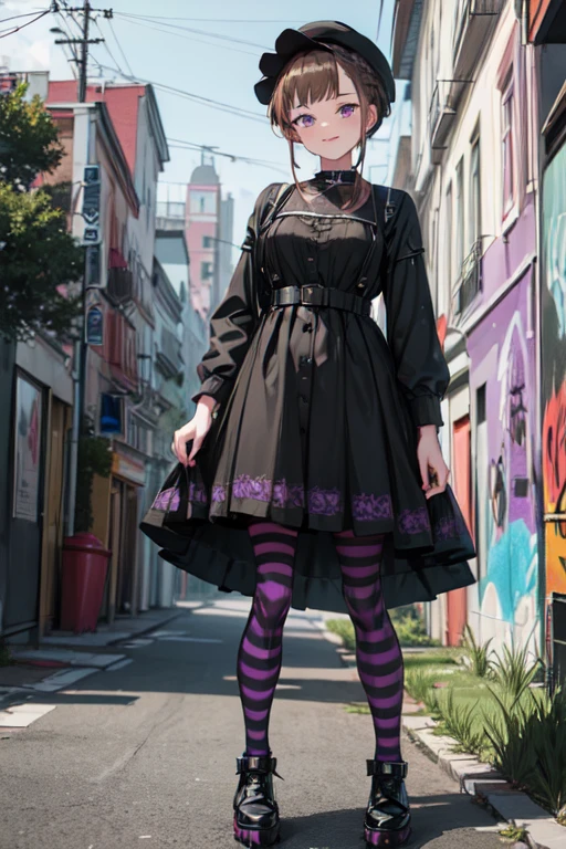 ((nice with you)), short hair, Braided hair, Brown Hair, Purple eyes, bangs, woman, alone, Punk Fashion , Black and purple dress , Mini Hat , Striped tights , spiked shoes , Vintage Background , Fearless smile、Background of the cityscape、Graffiti wall